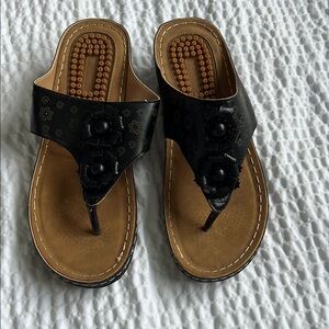 Black and Tan Thong Sandals with Perforated Upper